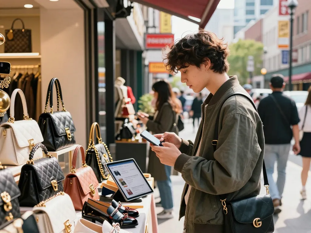 Stylish shopper exploring a vibrant 레플리카 fashion marketplace with luxurious decor.