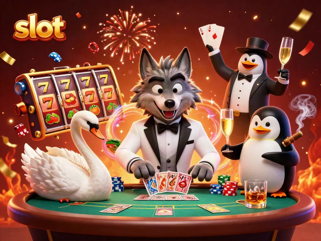 Exciting slot gameplay scene featuring a wolf, swan, and penguin in a lavish casino setting.