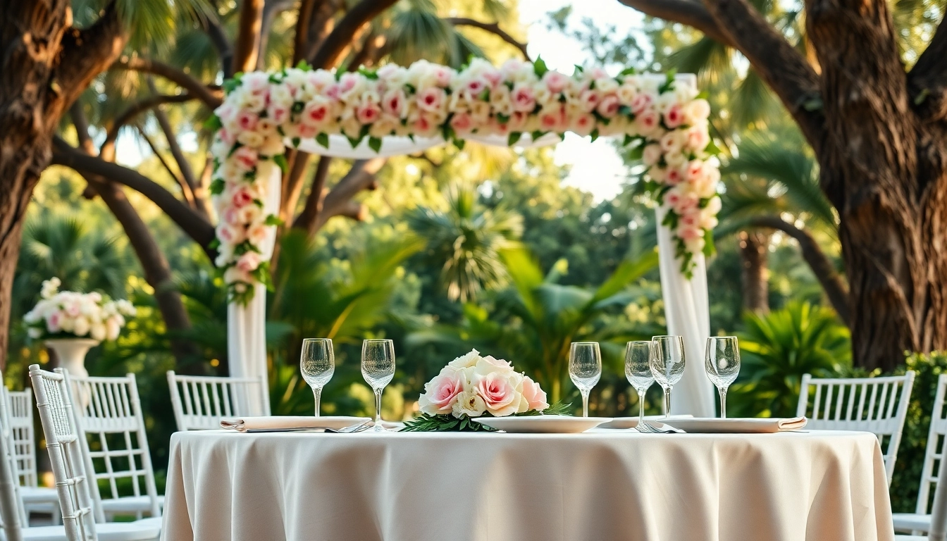 Stunning outdoor setup showcasing a Jacksonville Wedding Venue with a floral arch and elegant table settings.