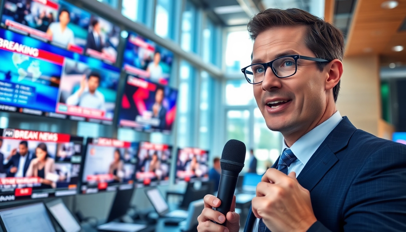 Captivating news reporting scene illustrating a journalist covering breaking news.