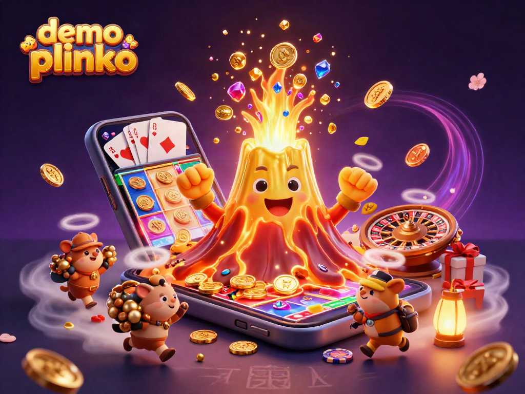 Spin to win with demo plinko as a golden volcano erupts gems and coins in vibrant 3D!