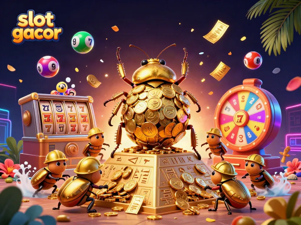 Experience slot gacor action with a colorful 3D beetle illustration in a vibrant casino scene.