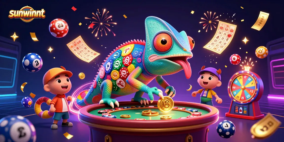 Engage with the vibrant sunwinnt casino scene featuring dynamic lottery elements and a colorful chameleon mascot.