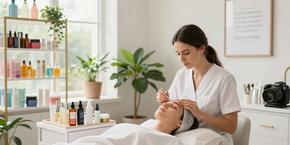 Expert în îngrijirea pielii demonstrând produse de îngrijire a pielii în timpul unui tratament facial într-un studio de frumusețe luminos.