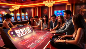 Adegan kasino online yang menarik menampilkan situs deposit 5k dengan mesin slot yang berwarna-warni dan pemain yang antusias.