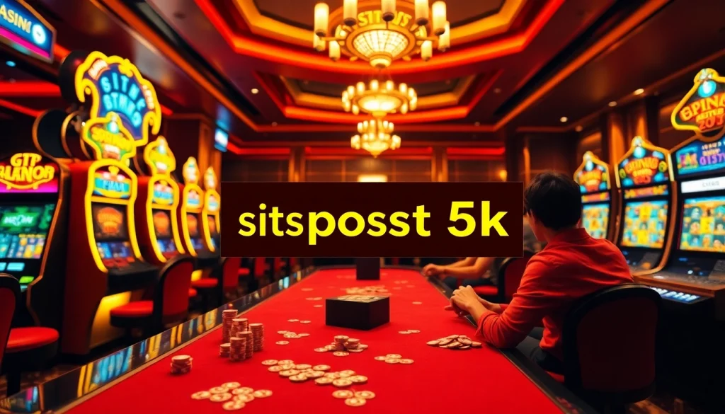 A thrilling gaming experience illustrating situs deposit 5k with vibrant casino elements like slot machines and poker chips.