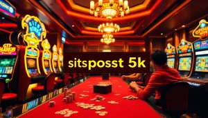 A thrilling gaming experience illustrating situs deposit 5k with vibrant casino elements like slot machines and poker chips.