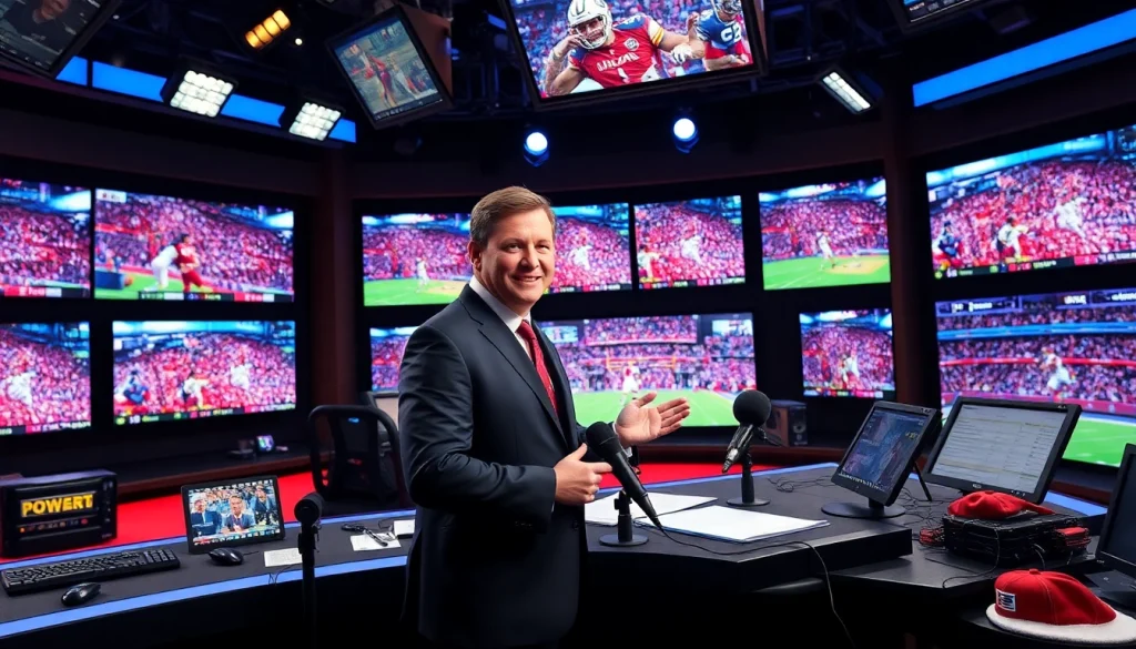 Engaging sports broadcasting setup with vibrant graphics presenting live sports events.