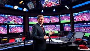 Engaging sports broadcasting setup with vibrant graphics presenting live sports events.