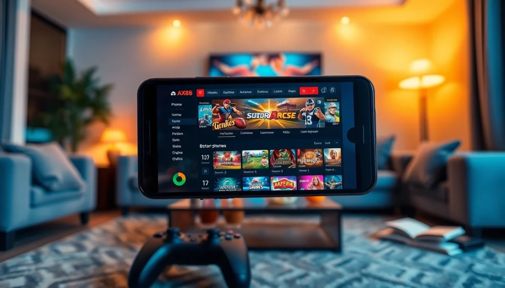 Trải nghiệm giao diện AX88 APK trên điện thoại thông minh, hiển thị các tùy chọn chơi game sống động trong một phòng khách ấm cúng.