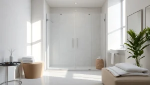 Showcasing elegant shower doors in a modern bathroom, emphasizing clarity and design.