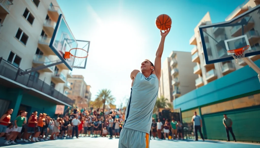 Capture live basketball action with ผลบาสสด showcased prominently during an intense game.