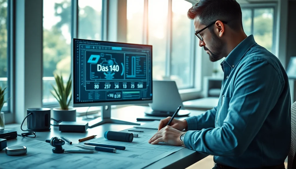 Engineer analyzing das 140 specifications at a modern workspace with blueprints.