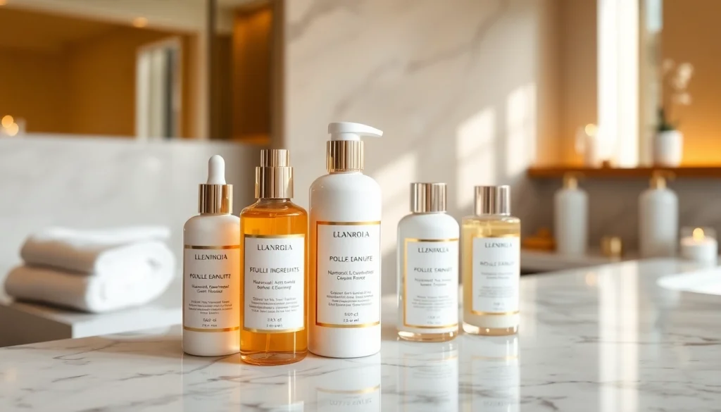 Kosmetika produktai ant marmuro stalviršio, skatinantys prabangią odos priežiūrą.