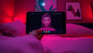 Engaging NSFW AI chat interface illustration showcasing a charming character interaction in a cozy ambiance.