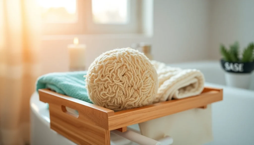 Discover the best back loofah highlighting its natural texture and elegance in a serene bathroom setup.