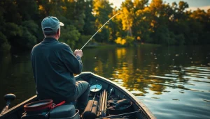 Experience fly fishing for bass in a tranquil lake, with a fisherman skillfully casting a line.