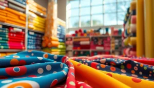 Bekijk trendy tricot jersey bedrukt stoffen in een kleurrijke stofwinkel met natuurlijke belichting.