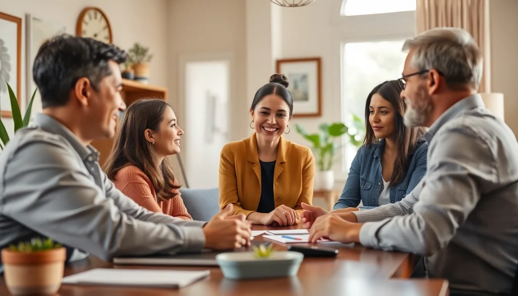 Discussing extended warranty solutions with a family in a warm, professional office setting.
