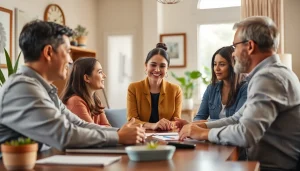 Discussing extended warranty solutions with a family in a warm, professional office setting.