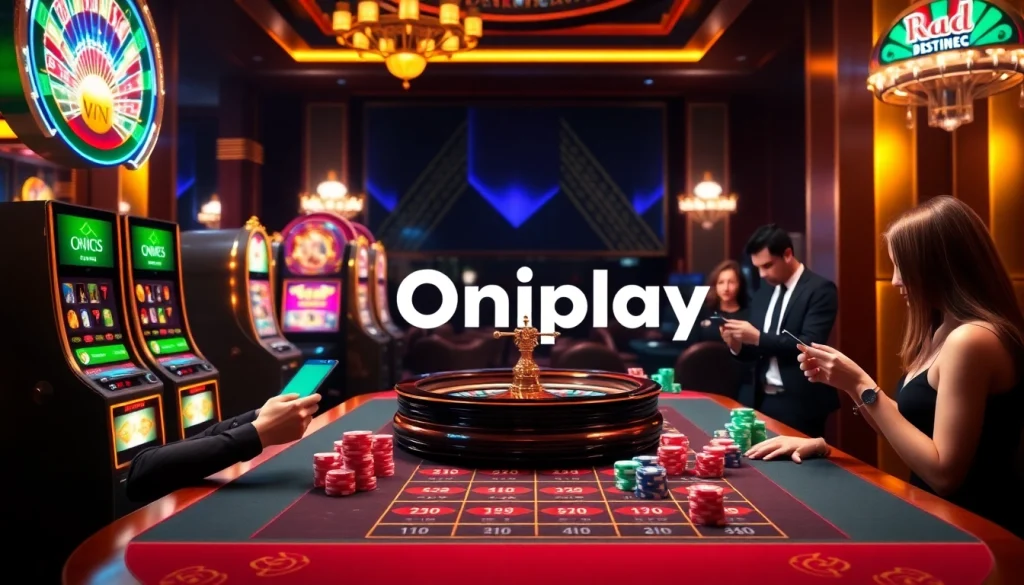 Experience the excitement of Onicplay with vibrant casino visuals showcasing slot machines and poker chips.