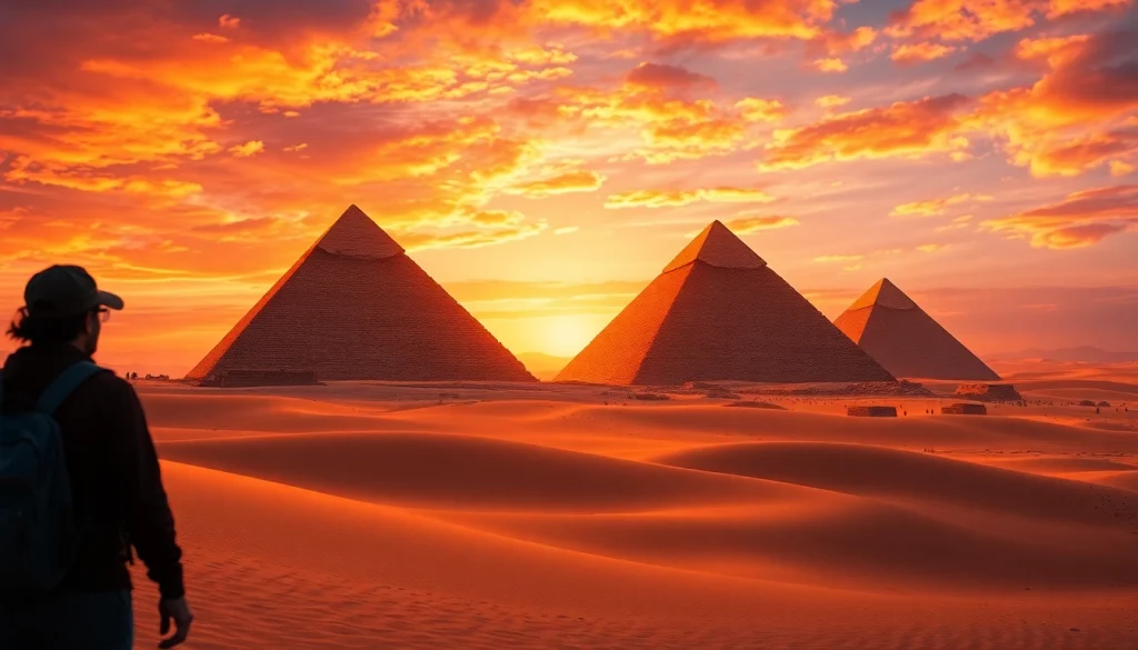 Traveler admiring the majestic pyramids of Giza during a stunning sunset.