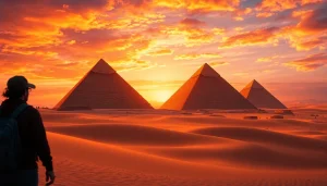 Traveler admiring the majestic pyramids of Giza during a stunning sunset.