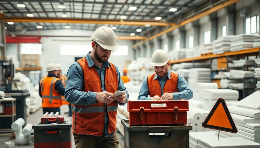 Workers managing a physical hazard in a fiberglass manufacturing environment, showcasing safety precautions.