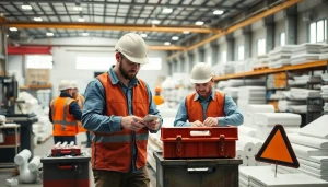 Workers managing a physical hazard in a fiberglass manufacturing environment, showcasing safety precautions.