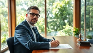 Environmental lawyer consulting in a bright office with greenery, showcasing legal expertise.