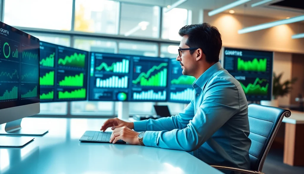 Visualize business growth insights through a strategist analyzing data in a modern office.