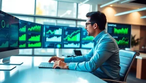 Visualize business growth insights through a strategist analyzing data in a modern office.