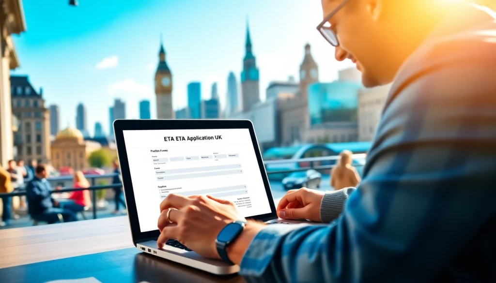 Fill out the eta application uk form with a laptop in a vibrant city café setting.
