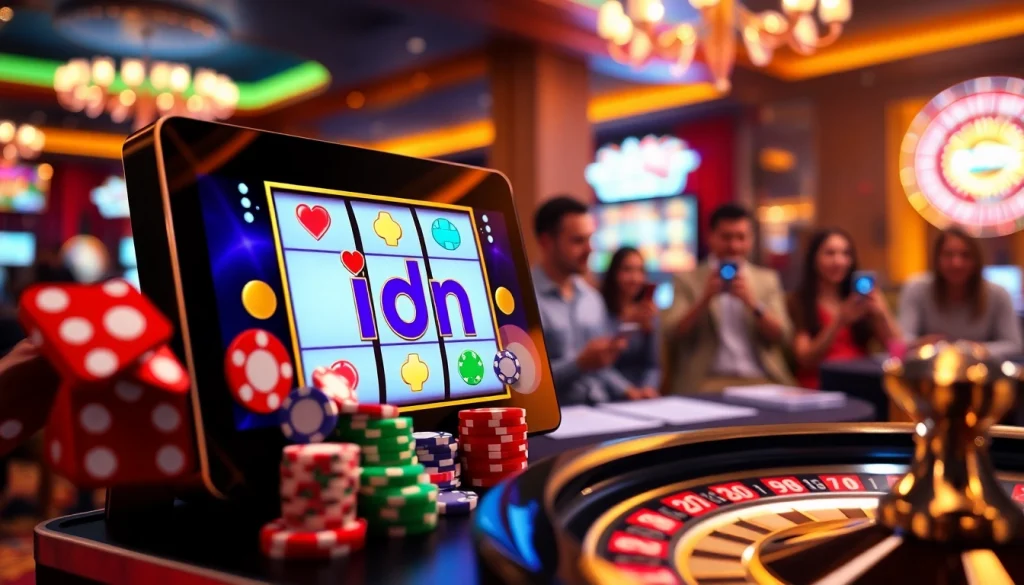 Players winning on idn slot machines with colorful chips and exciting casino elements.