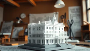 Das architekturmodellbau Bielefeld zeigt ein detailreiches Architekturmodell in einer kreativen Studioumgebung.