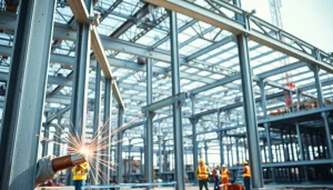 Showcasing structural steel construction progress with workers and materials in bright daylight.