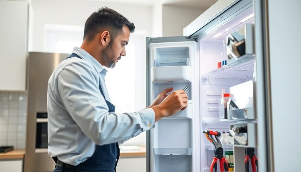 Technician performing refrigerator repair ottawa in a bright kitchen environment.