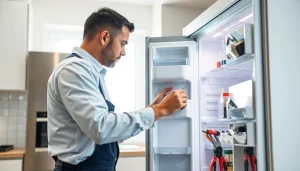 Technician performing refrigerator repair ottawa in a bright kitchen environment.