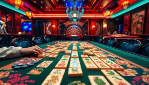 Engage in link mahjong as tiles connect under vibrant casino lighting, enhancing the gambling experience.