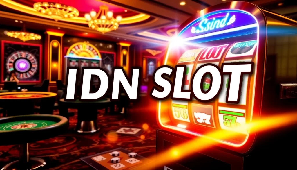 Experience the thrill of playing idn slot with vibrant casino elements and colorful slot machines.