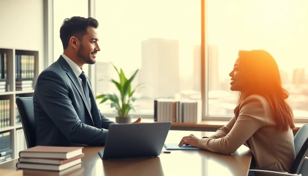 Jacksonville Immigration Lawyer consulting a client in a modern office decorated with law books.