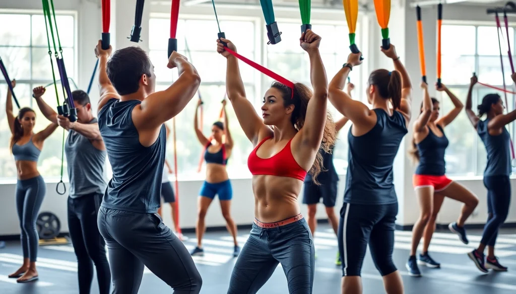 Workout session highlighting pull-up resistance bands for strength training in a bright gym.