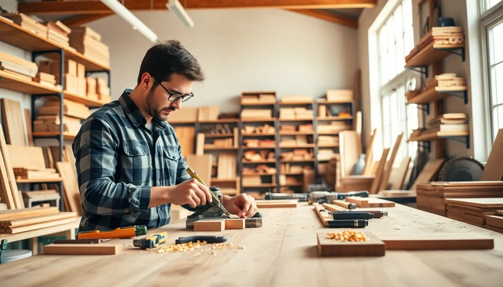 View of a carpenter engaged in a Carpentry Apprenticeship Near Me, showcasing tools and woodwork.