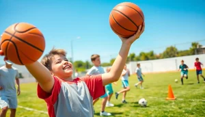 Children actively enjoying Multi Sports Camps for Boys with basketball and soccer activities in a sunny outdoor field.