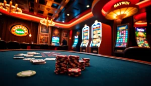 Experience high-stakes gaming excitement at hay.win with vibrant casino tables and flashing slot machines.