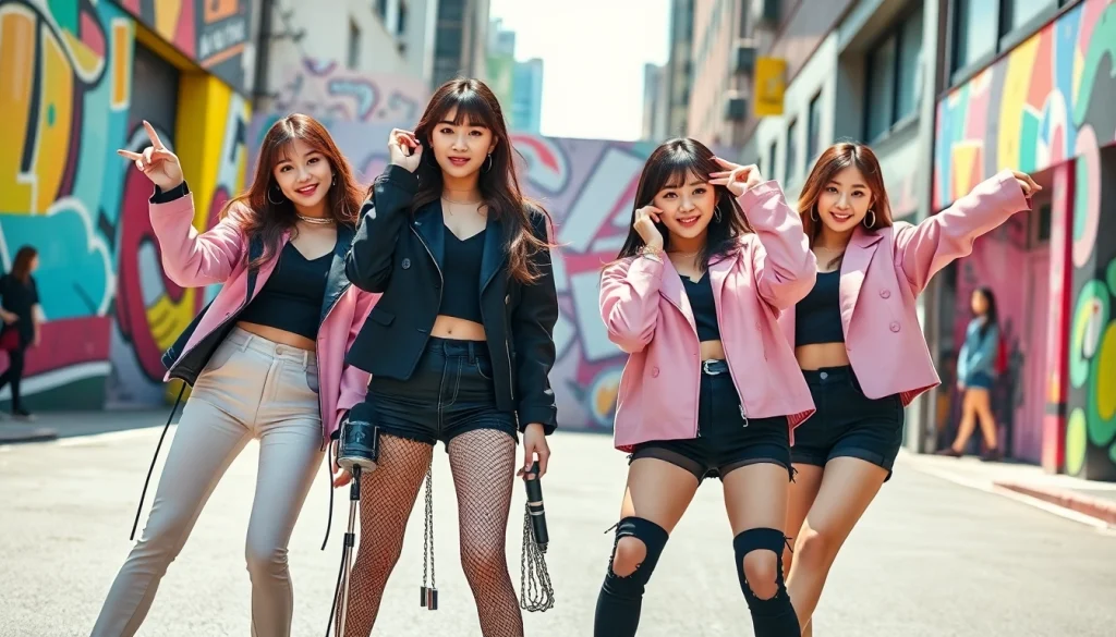 Blackpink members showcasing their vibrant styles in a lively urban setting.