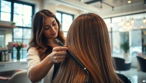 Coafor București: hairstylist creating a stunning hairstyle in a modern salon ambiance.