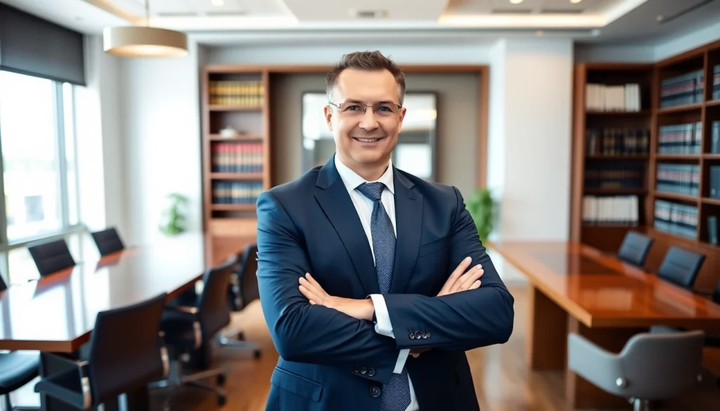 Broward County litigation lawyer confidently standing in a modern office.