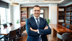 Broward County litigation lawyer confidently standing in a modern office.