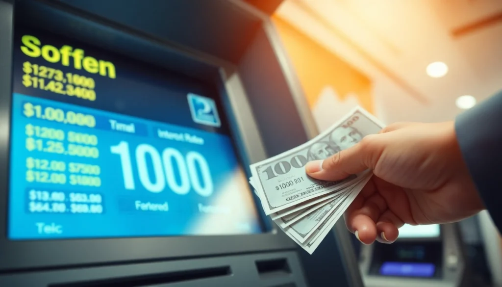 Melakukan deposit 1k dengan tangan memasukkan uang tunai ke dalam ATM bank modern.